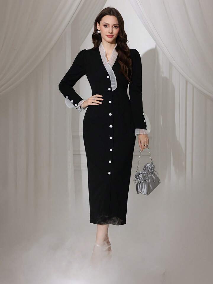 CM-DS799859 Women Elegant Seoul Style V-Neck Puff Sleeve Colorblock Long Bodycon Dress - Black