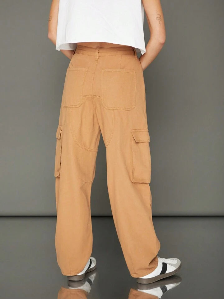 CM-BS513933 Women Casual Seoul Style Premium Denim Cargo Barrel Leg Jeans - Camel