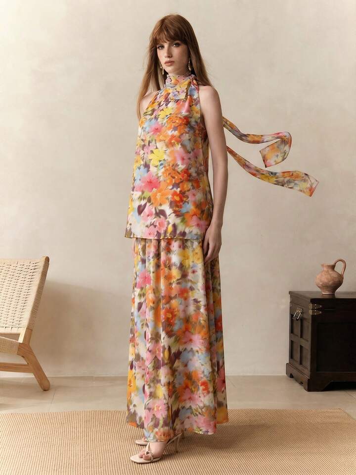 CM-SS363003 Women Trendy Bohemian Style Floral Print Tie Neck Sleeveless Top With Long Skirt - Set