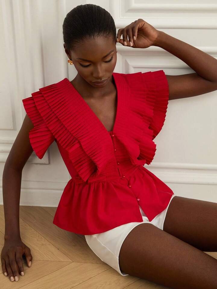 CM-TS888920 Women Elegant Seoul Style V-Neck Flounce Sleeve Multi-Layer Ruffle Pleated Blouse - Red
