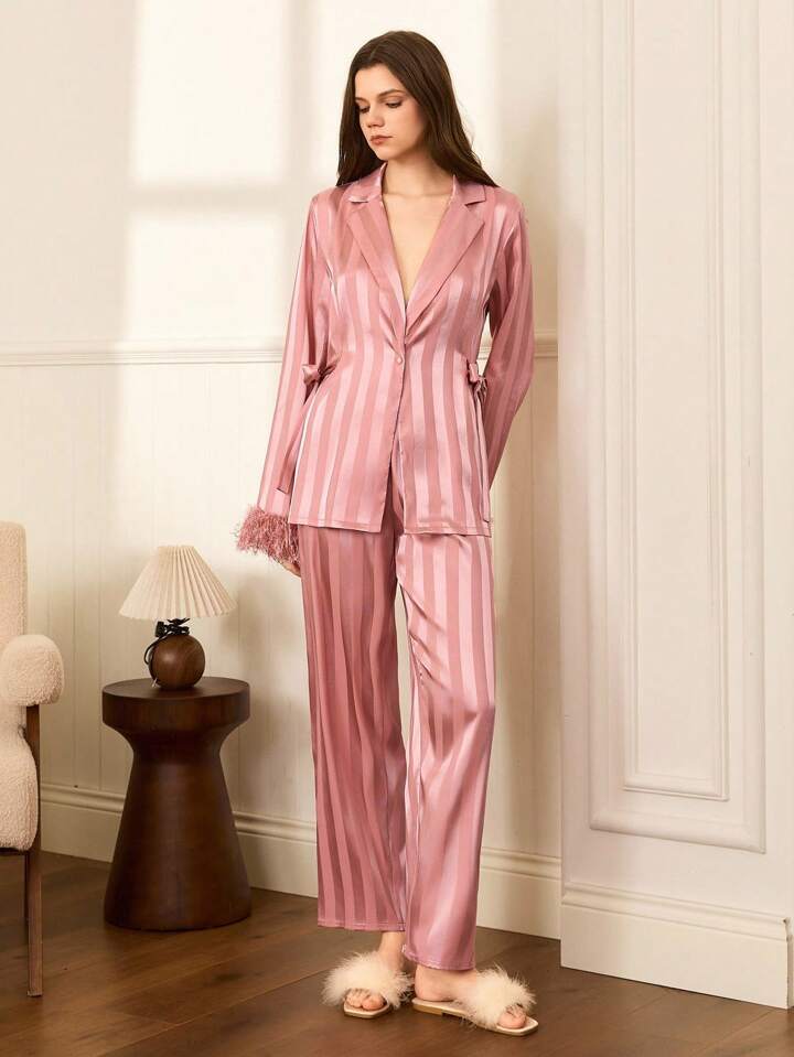 CM-LS269641 Women Trendy Seoul Style Deep V-Neck Jacquard Striped Knit Cuff Pajamas Set - Baby Pink
