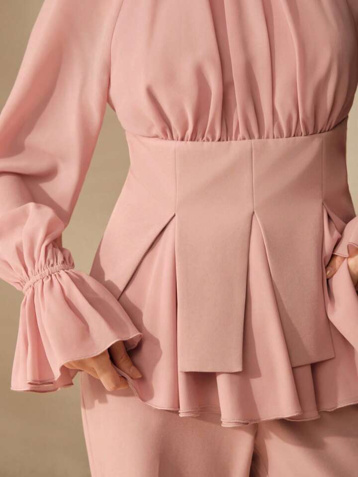 CM-SS484485 Women Elegant Seoul Style Round Neck Long Sleeve Chiffon Patchwork Blouse With Flared Leg Pants - Set