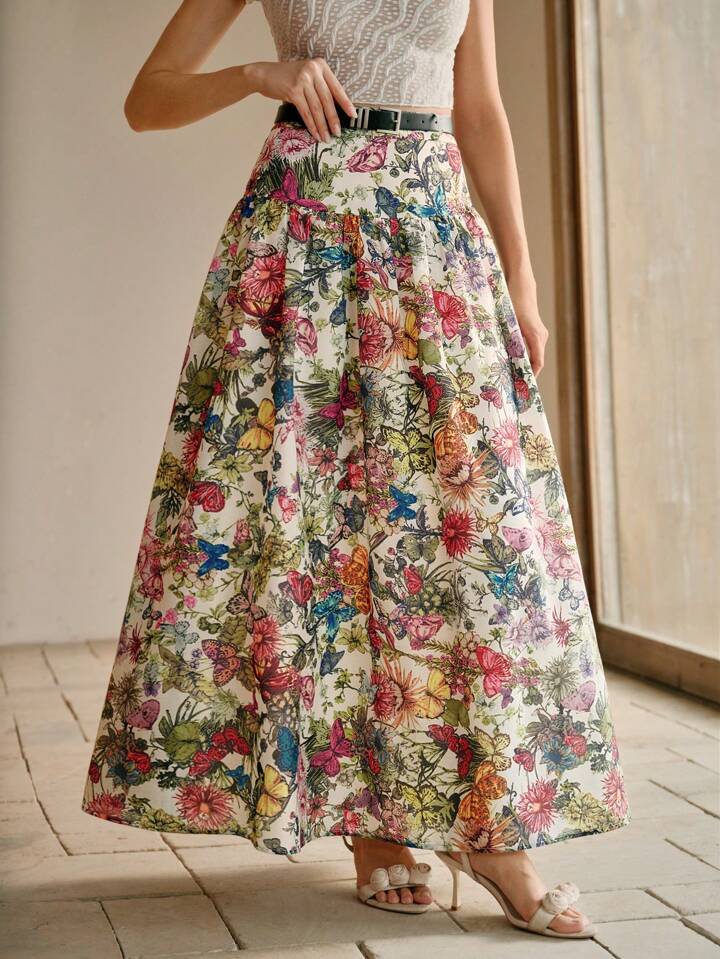 CM-BS435579 Women Elegant Seoul Style High Waist Butterfly Print Belted A-Line Hem Long Skirt