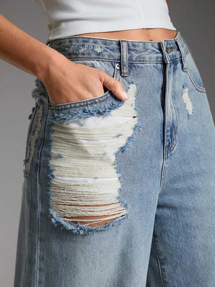 CM-BS623400 Women Casual Seoul Style Light Wash Shredded Wide Leg Denim Jeans