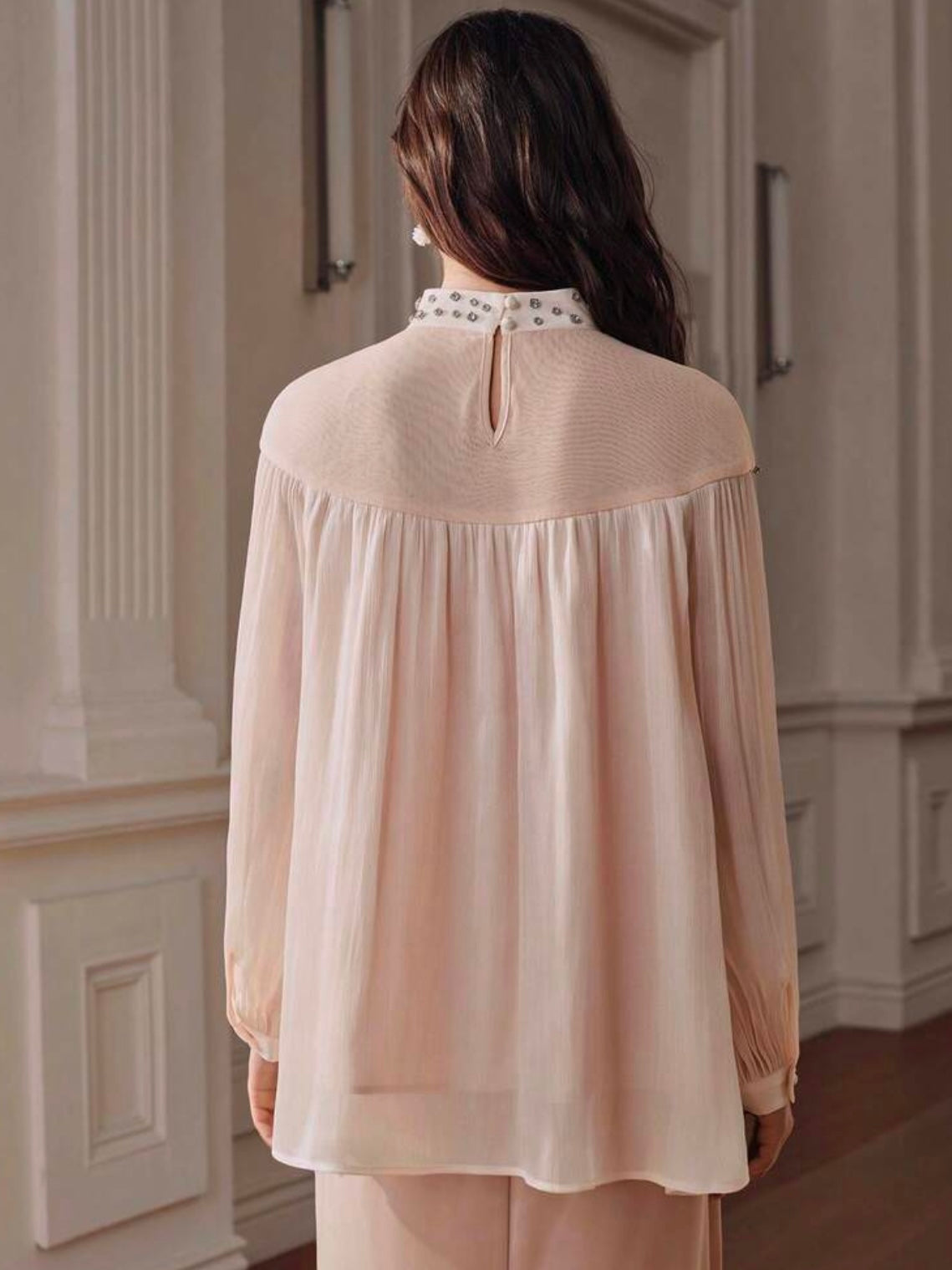 CM-TS800028 Women Elegant Seoul Style Rhinestone Embellished Mesh Patchwork Long Sleeve Glossy Loose Fit Top - Apricot
