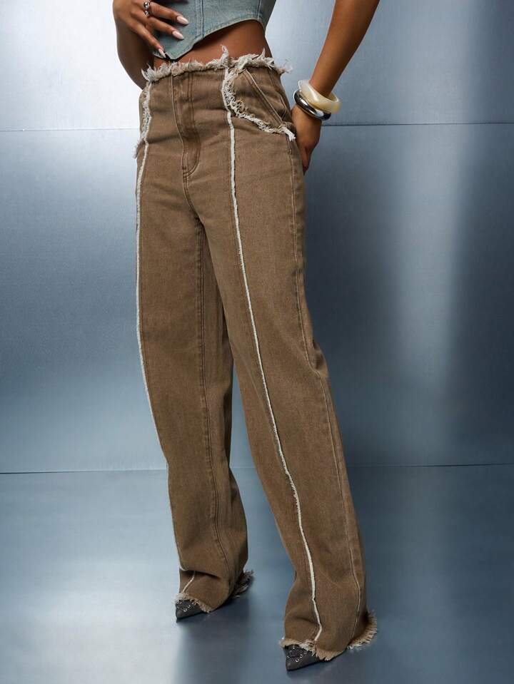 CM-BS009434 Women Casual Seoul Style Frayed Edge Detail Straight Fit Denim Jeans - Coffee Brown