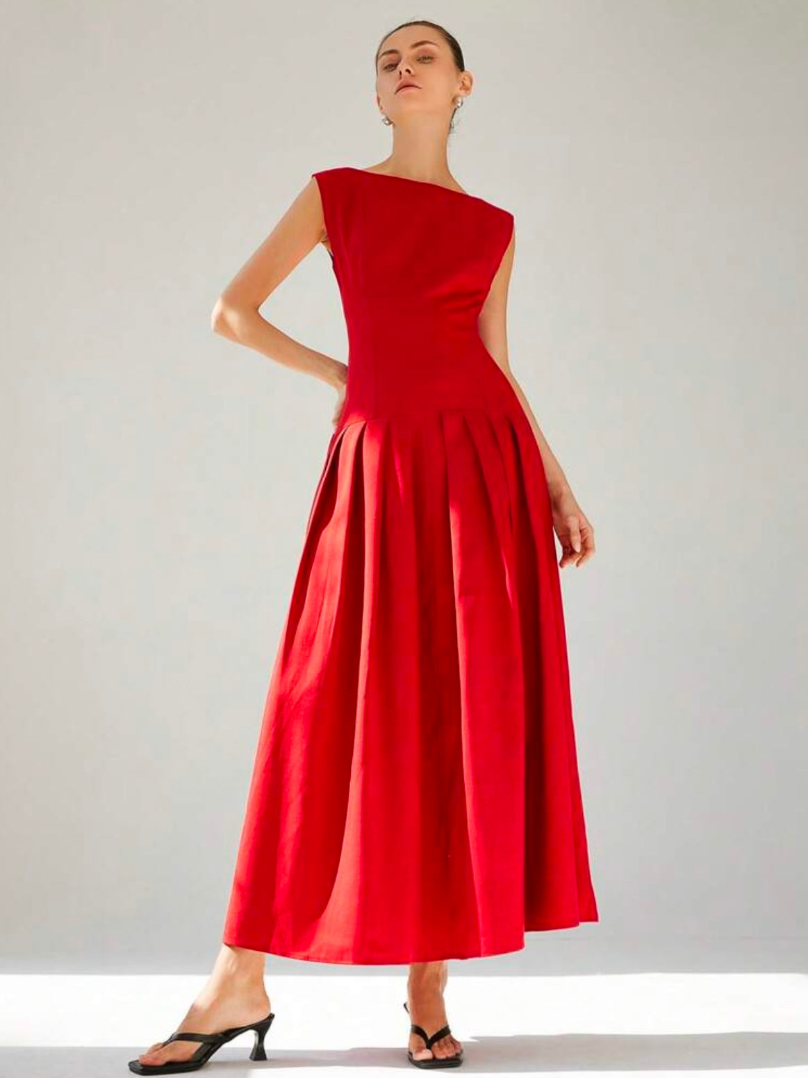 CM-DS552576 Women Elegant Seoul Style Boat Neck Sleeveless Ruched Low-Waist Ruffled Hem Maxi Dress - Red