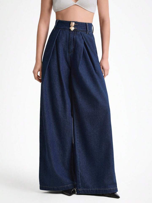 CM-BS622223 Women Casual Seoul Style Dark Wash High Waisted Baggy Wide Leg Jeans
