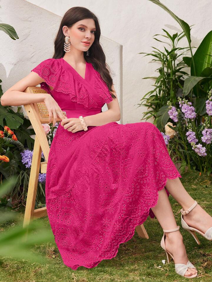 CM-DS312270 Women Trendy Bohemian Style V-Neck Short Sleeve A-Line Maxi Dress - Hot Pink