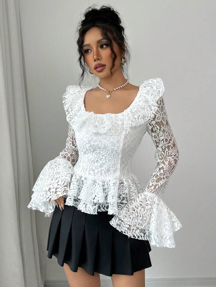 CM-TS158537 Women Elegant Seoul Style Square Neck Ruffled Floral Lace Flare Sleeve Blouse - White