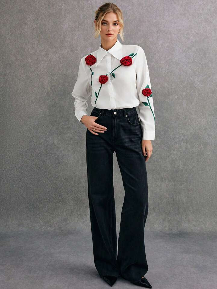 CM-TS821266 Women Elegant Seoul Style 3D Floral Print Embroidery Front Button Long Sleeve Shirt
