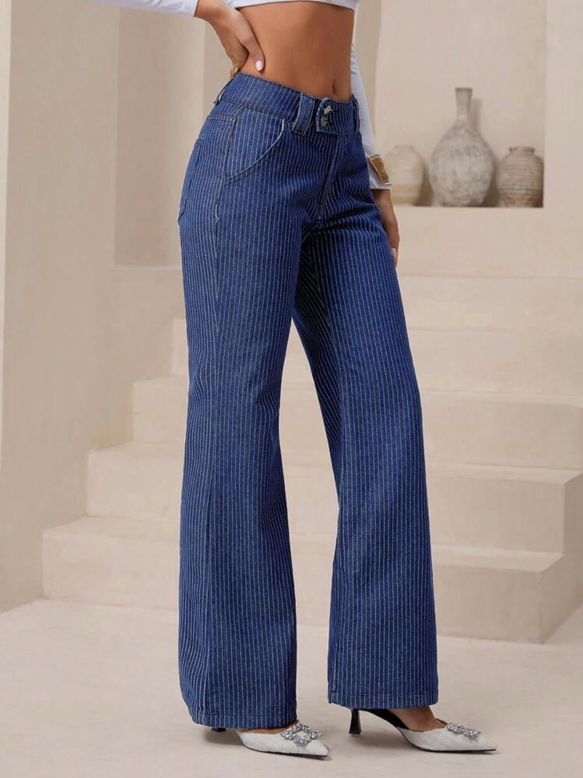 CM-BS003193 Women Casual Seoul Style Dark Wash Striped Pocket Flared Leg Jeans