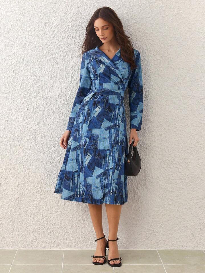 CM-DS016397 Women Elegant Seoul Style V-Neck Long Sleeve Patchwork Print Overlap Collar Denim Dress
