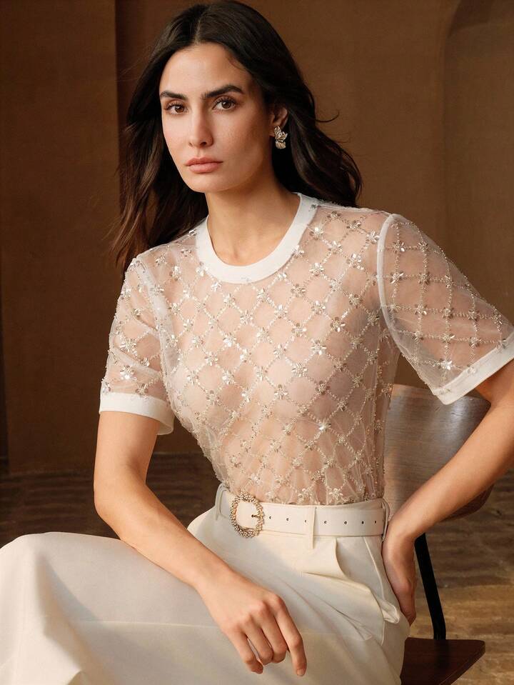 CM-TS032628 Women Elegant Seoul Style Floral Sequin Beaded Sheer Mesh Round Neck Short Sleeve Blouse