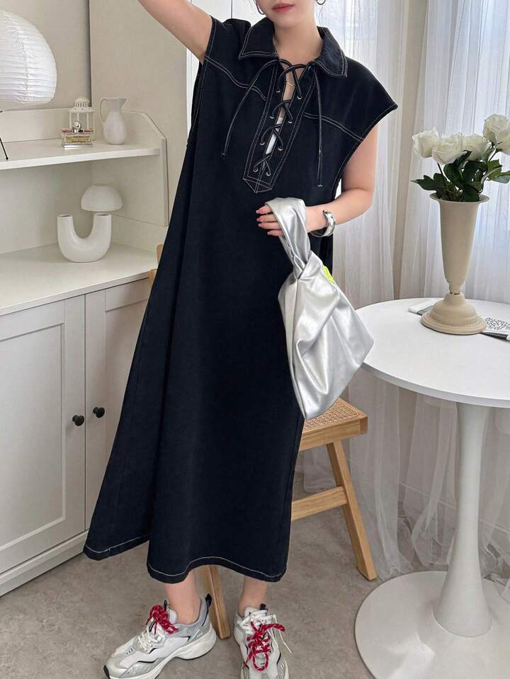 CM-DS455128 Women Casual Seoul Style Collar Neckline Batwing Sleeve Denim Dress - Black