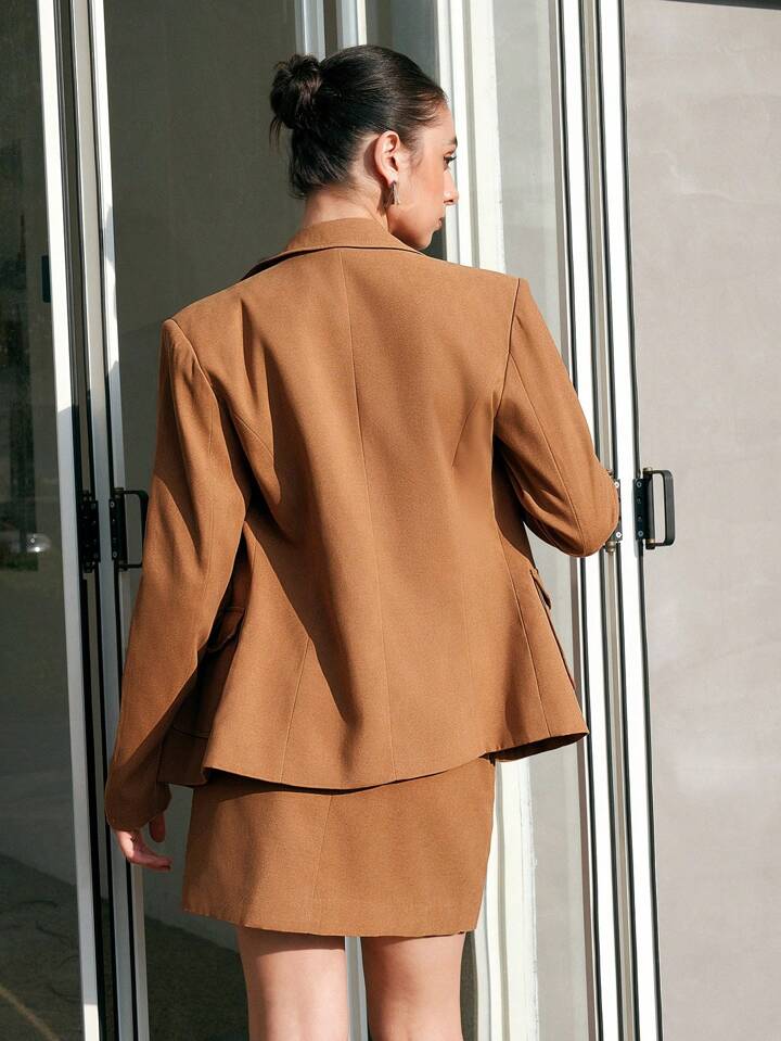 CM-SS550885 Women Elegant Seoul Style Flap Pocket Long Sleeve Blazer With Skirt Suit - Brown