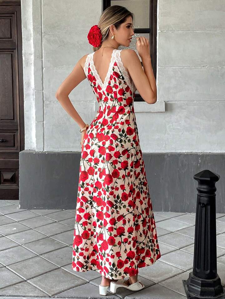 CM-DS793321 Women Casual Seoul Style Lace Panel Floral Print V-Neck Sleeveless Dress