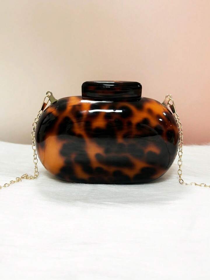 CM-BGS552314 Women Trendy Seoul Style Leopard Pattern Oval Acrylic Hard Box Small Square Bag