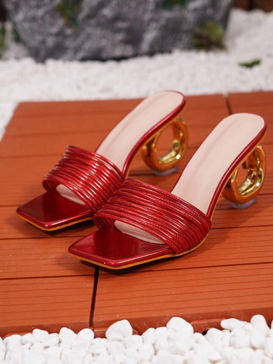 CM-SHS642642 Women Trendy Seoul Style Square Toe Asymmetric Chunky Heel Slide Sandals - Red