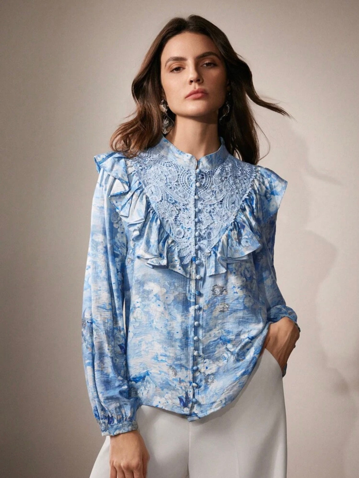CM-TS773607 Women Elegant Seoul Style Floral Print Lace Ruffled Trim Blouse - Blue