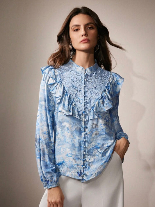 CM-TS773607 Women Elegant Seoul Style Floral Print Lace Ruffled Trim Blouse - Blue
