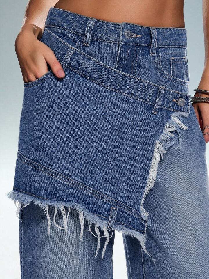 CM-BS899655 Women Casual Seoul Style Mid Waist Patchwork Frayed Hem Wide Leg Jeans - Blue