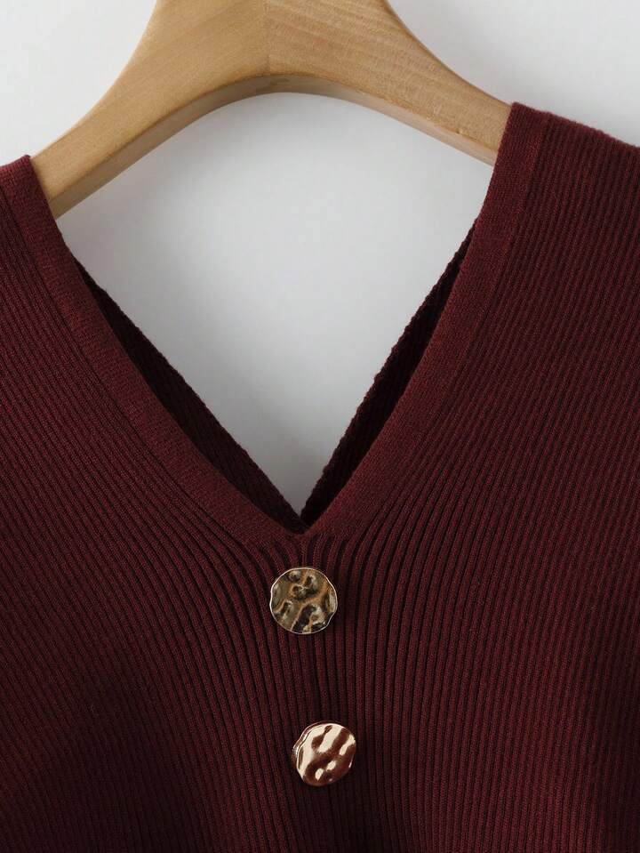 CM-CS333875 Women Elegant Seoul Style Metal Button Decor V-Neck Batwing Sleeve Sweater - Burgundy