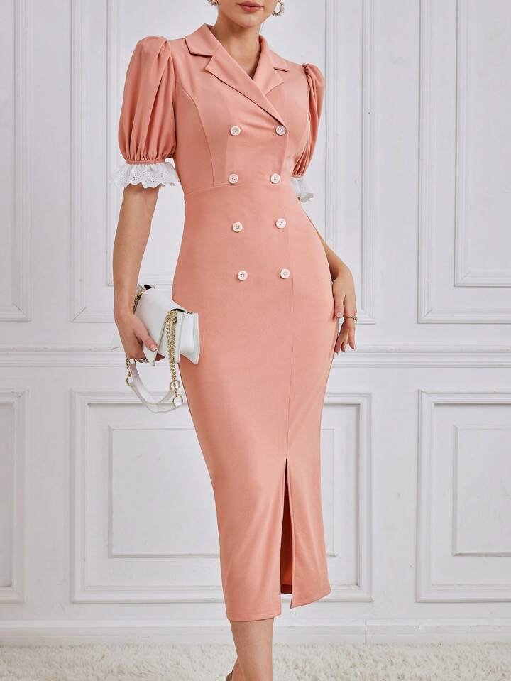 CM-DS022556 Women Elegant Seoul Style Lace Patchwork Double-Breasted Puff Sleeve Dress - Pink
