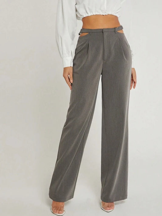 CM-BS372483 Women Casua; Seoul Style Buckle Cut Out Waist Wide Leg Pants - Dark Gray