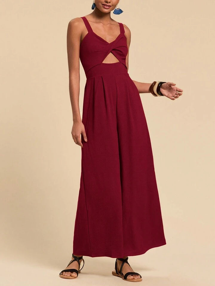 CM-JS725575 Women Trendy Bohemian Style Twist Front Cutout Cami Jumpsuit - Burgundy