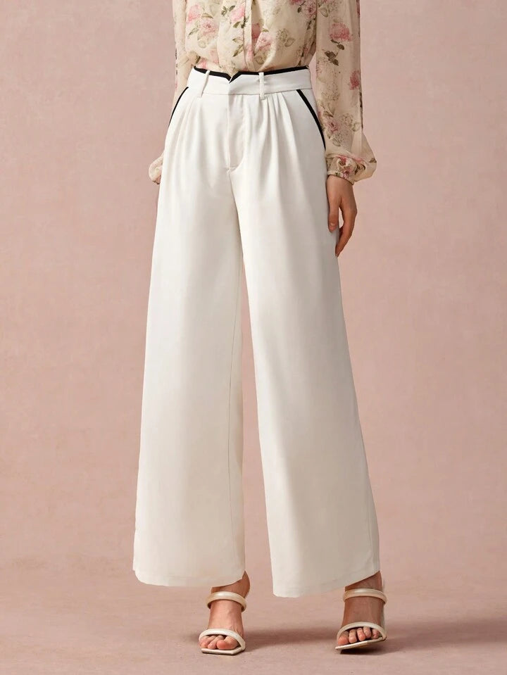 CM-BS976726 Women Casual Seoul Style Contrast Trim Slant Pocket Wide Leg Pants - Apricot