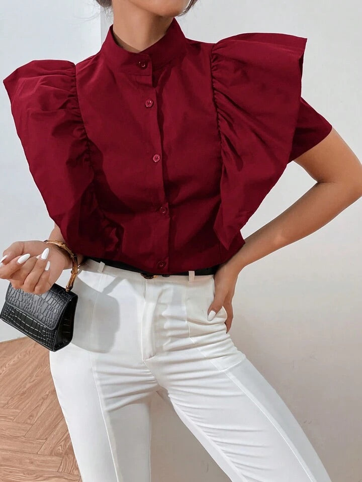 CM-TS056966 Women Casual Seoul Style Ruffle Trim Button Front Shirt - Red