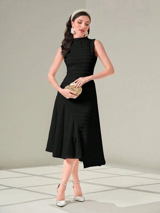 CM-DS201110 Women Casual Seoul Style Solid Color Stand Collar Sleeveless Midi Dress - Black