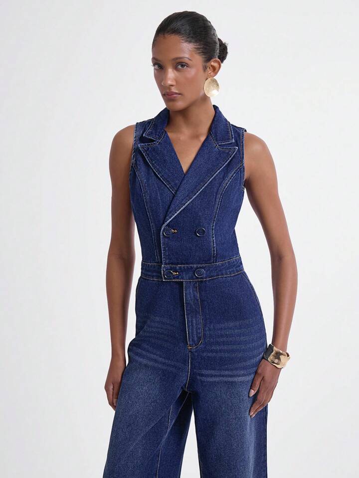 CM-JS708270 Women Casual Seoul Style Medium Wash Lapel Neckline Sleeveless Extra Long Denim Wide Leg Jumpsuit