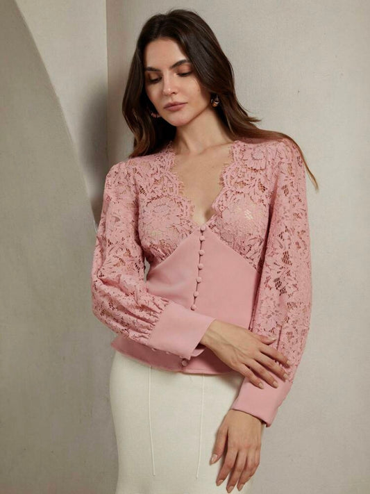 CM-TS031210 Women Elegant Seoul Style V-Neck Lace Patchwork Cinching Waist Top - Pink