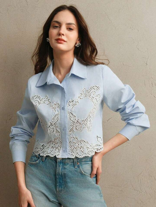 CM-TS275478 Women Casual Seoul Style Embroidered Collar Single-Breasted Short Blouse - Blue