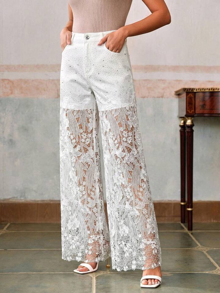 CM-BS987518 Women Elegant Seoul Style Mid Waist Lace Rhinestone Straight Leg Pants - White