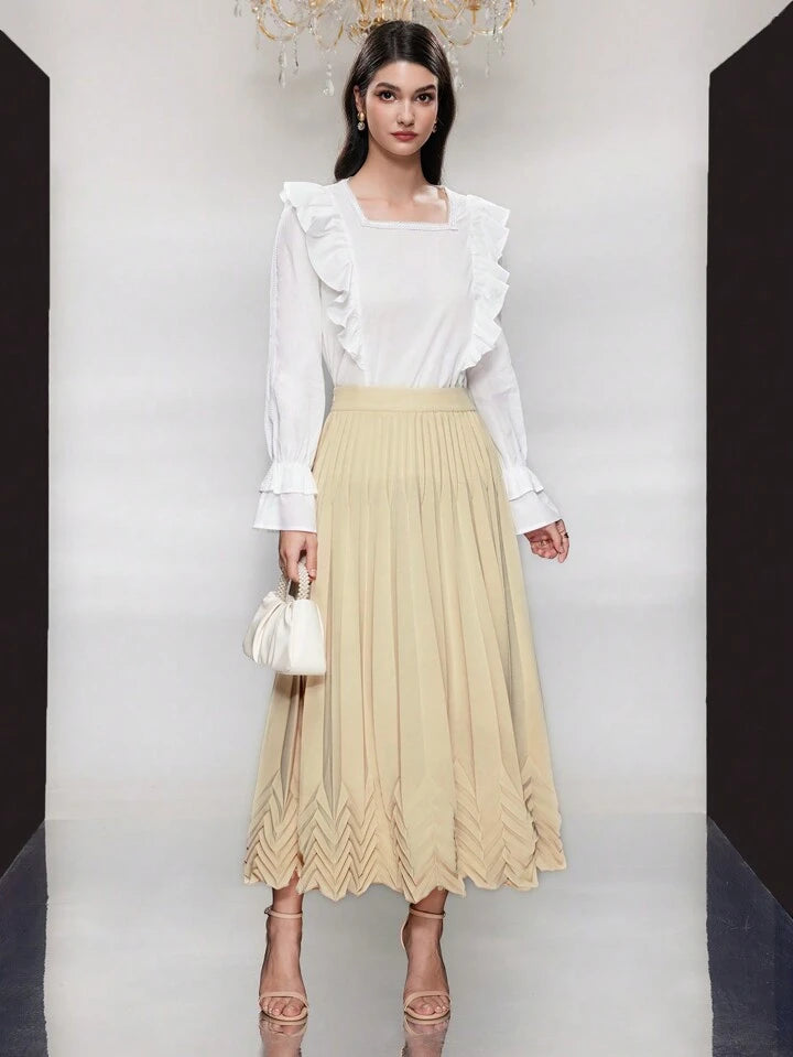 CM-BS462840 Women Casual Seoul Style Pleated Flared Maxi Skirt - Apricotsz2312255350462840