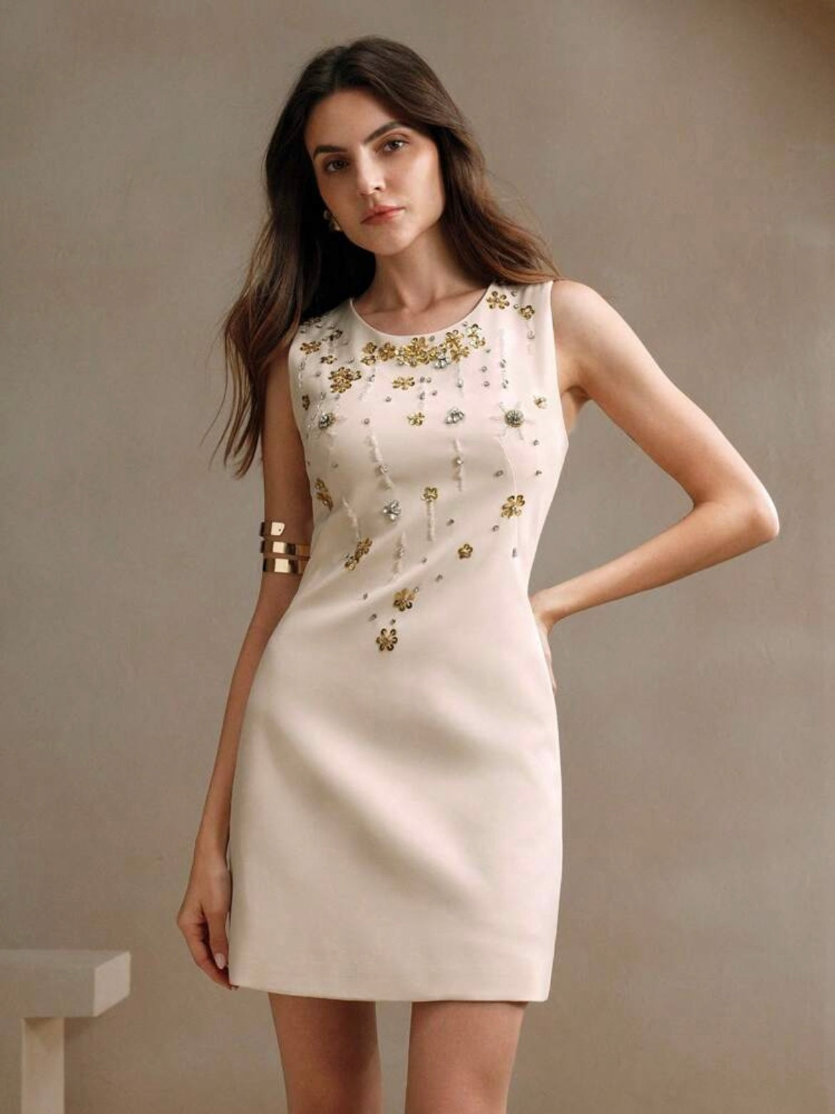 CM-DS466951 Women Elegant Seoul Style Round Neck Sleeveless Beaded Waist-Cinched Short Dress - Apricot