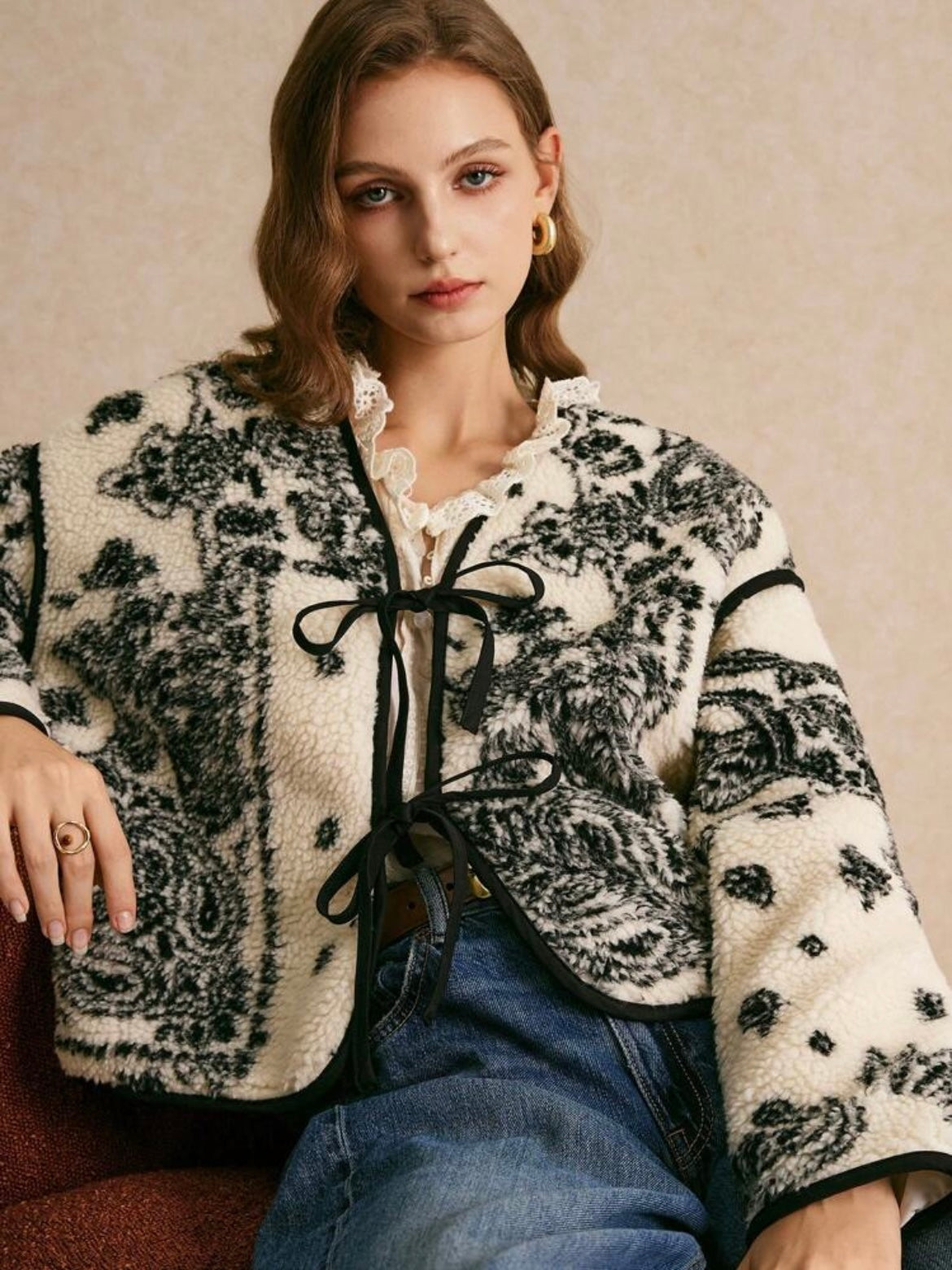 CM-CS143588 Women Casual Seoul Style Contrast Lace-Up Long Sleeve Printed Jacket