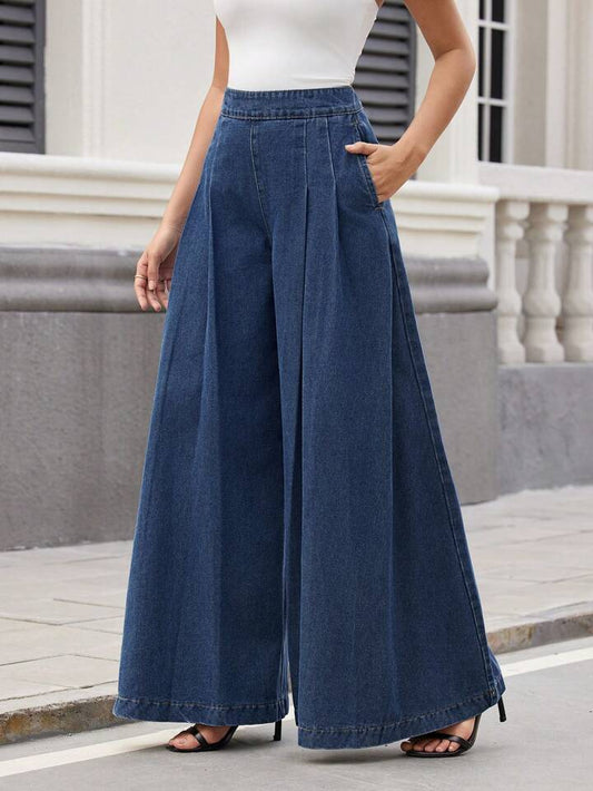 CM-BS220882 Women Casual Seoul Style Dark Wash High Waist Pleated Wide-Leg Jeans