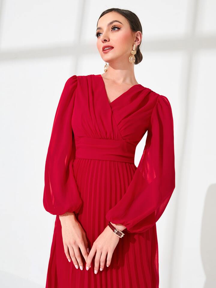 CM-DS747745 Women Elegant Seoul Style Surplice V-Neck High Waist Pleated Hem A-Line Dress - Red