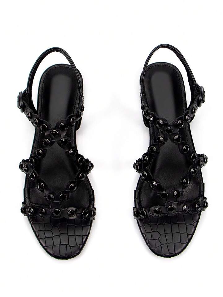 CM-SHS499870 Women Trendy Seoul Style Rhinestone Decor Hollow Embossed Round Toe Slingback Flat Sandals