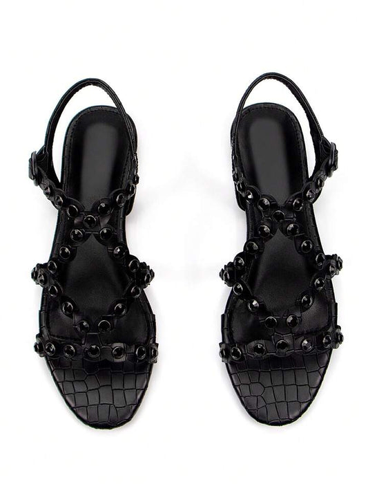 CM-SHS499870 Women Trendy Seoul Style Rhinestone Decor Hollow Embossed Round Toe Slingback Flat Sandals