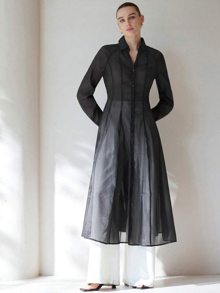 CM-TS697247 Women Casual Seoul Style Translucent Textured V-Neck Long Sleeve Gathered Waist Shirtdress - Black