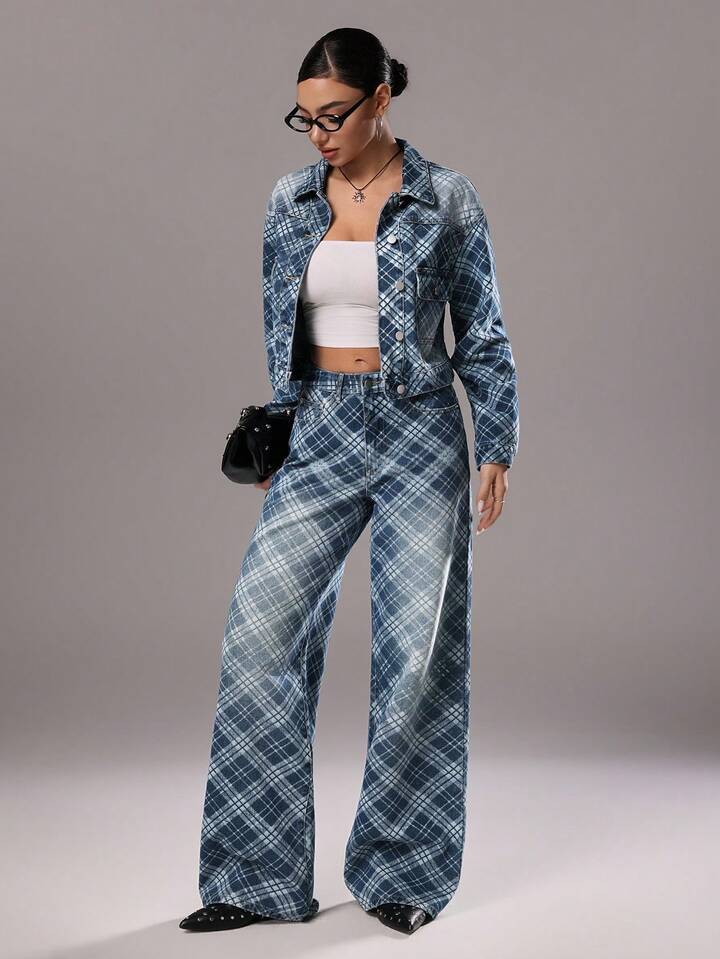 CM-BS676228 Women Casual Seoul Style Medium Wash Diamond Plaid Mid-Waist Wide Leg Jeans