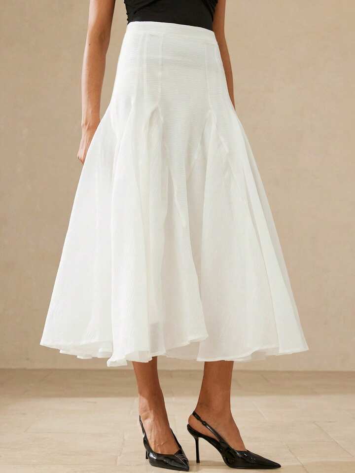 CM-BS947446 Women Elegant Seoul Style Mid Waist Pleated Oversized Hem Design Skirt - White
