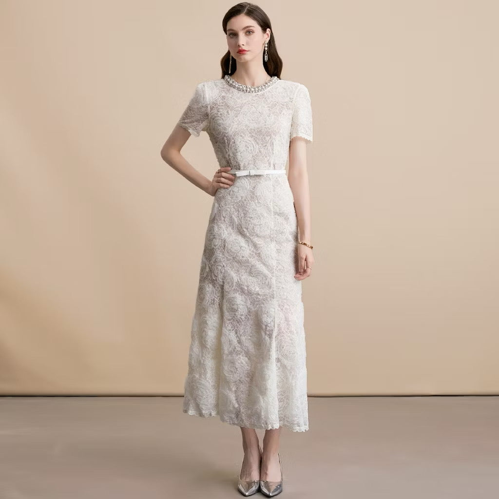 CM-DY054179 Women Elegant European Style Lace Round Neck Short Sleeve Medium Waist Midi Dress - Apricot
