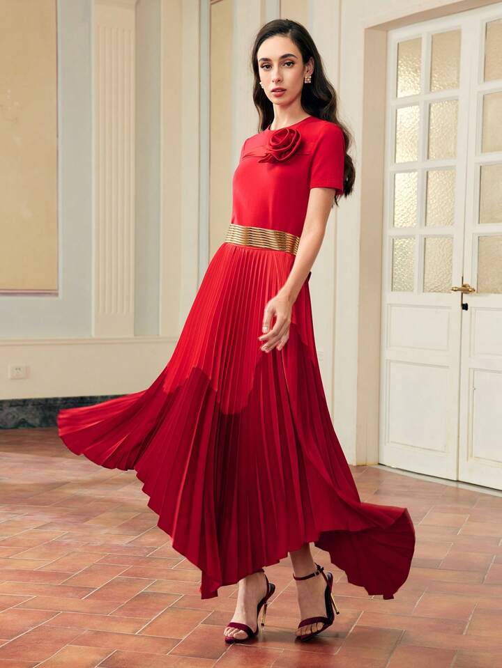 CM-BS688215 Women Elegant Seoul Style Mid Waist Colorblock Pleated Asymmetrical Satin Hem Skirt - Red