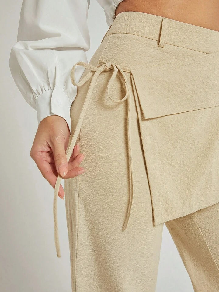 CM-BS441294 Women Elegant Seoul Style Pocket Wrap Overlay Wide Leg Pants - Apricot